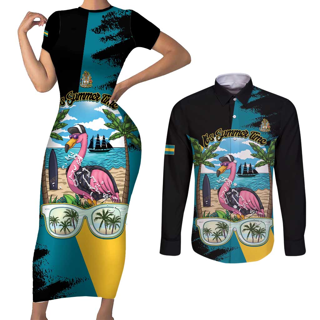 The Bahamas Flamingo Couples Matching Short Sleeve Bodycon Dress and Long Sleeve Button Shirt It's Summer Time