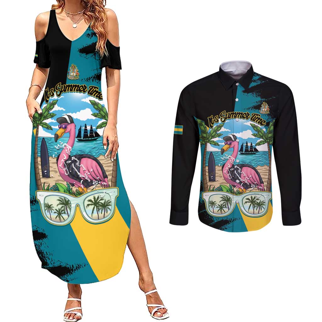 The Bahamas Flamingo Couples Matching Summer Maxi Dress and Long Sleeve Button Shirt It's Summer Time