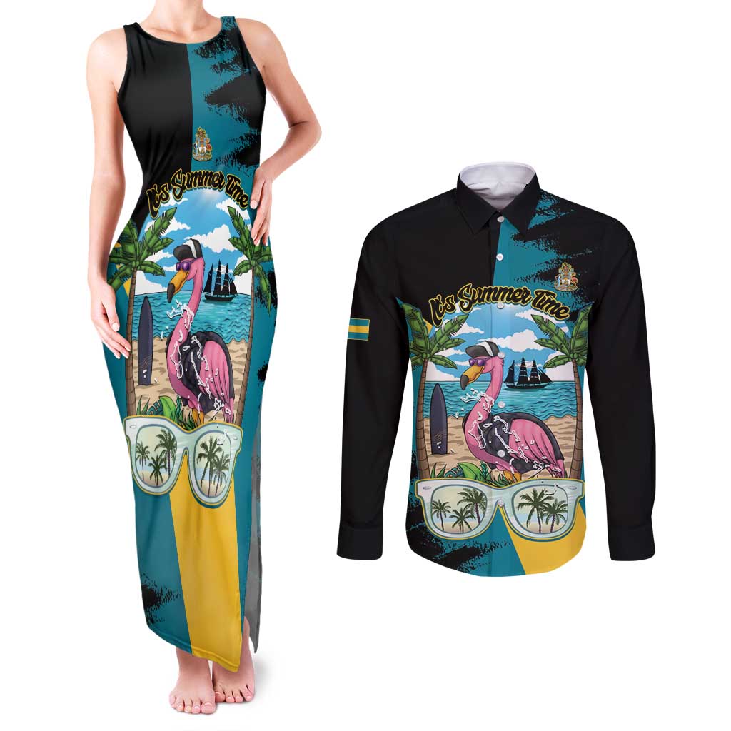 The Bahamas Flamingo Couples Matching Tank Maxi Dress and Long Sleeve Button Shirt It's Summer Time