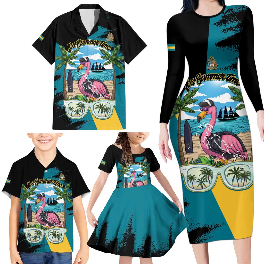 The Bahamas Flamingo Family Matching Long Sleeve Bodycon Dress and Hawaiian Shirt It's Summer Time