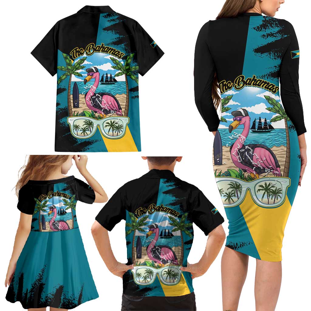 The Bahamas Flamingo Family Matching Long Sleeve Bodycon Dress and Hawaiian Shirt It's Summer Time