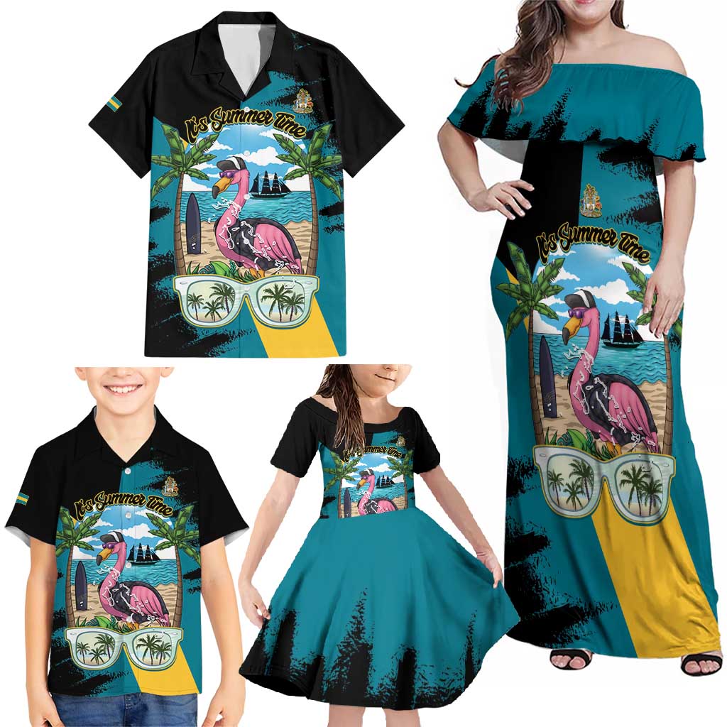 The Bahamas Flamingo Family Matching Off Shoulder Maxi Dress and Hawaiian Shirt It's Summer Time