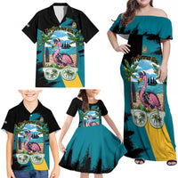 The Bahamas Flamingo Family Matching Off Shoulder Maxi Dress and Hawaiian Shirt It's Summer Time