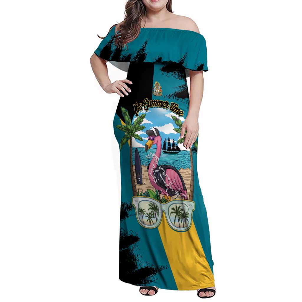 The Bahamas Flamingo Family Matching Off Shoulder Maxi Dress and Hawaiian Shirt It's Summer Time