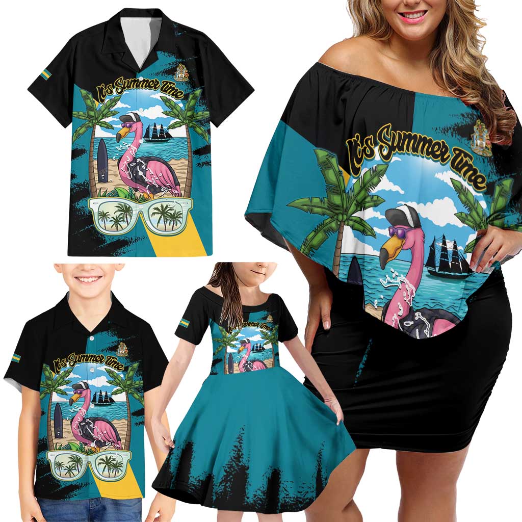 The Bahamas Flamingo Family Matching Off Shoulder Short Dress and Hawaiian Shirt It's Summer Time