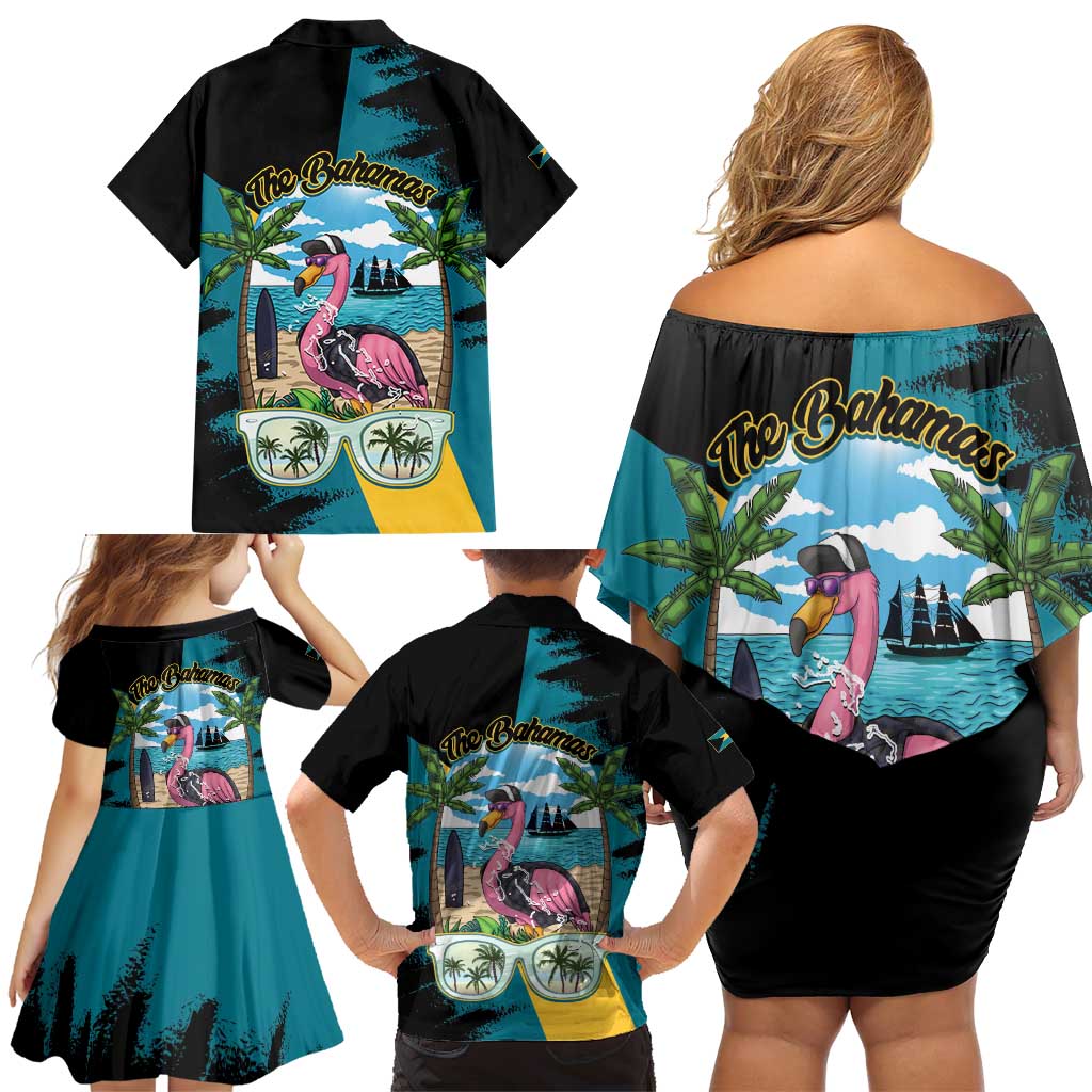 The Bahamas Flamingo Family Matching Off Shoulder Short Dress and Hawaiian Shirt It's Summer Time