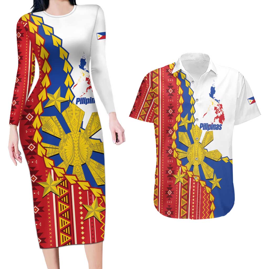 Philippines Independence Day Couples Matching Long Sleeve Bodycon Dress and Hawaiian Shirt Pilipinas Sun Stars Igorot Pattern