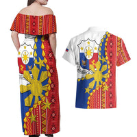 Philippines Independence Day Couples Matching Off Shoulder Maxi Dress and Hawaiian Shirt Pilipinas Sun Stars Igorot Pattern
