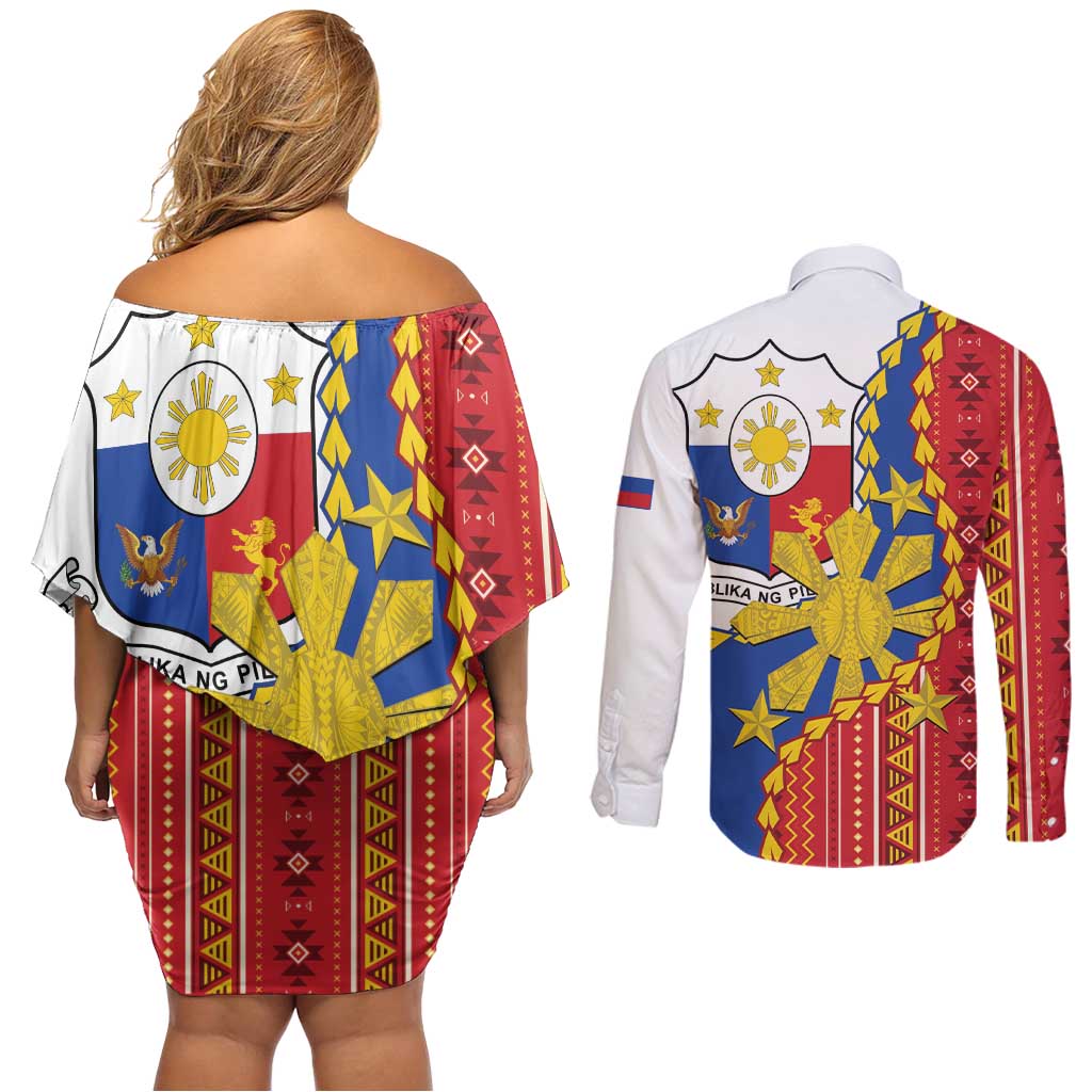 Philippines Independence Day Couples Matching Off Shoulder Short Dress and Long Sleeve Button Shirt Pilipinas Sun Stars Igorot Pattern