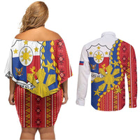 Philippines Independence Day Couples Matching Off Shoulder Short Dress and Long Sleeve Button Shirt Pilipinas Sun Stars Igorot Pattern