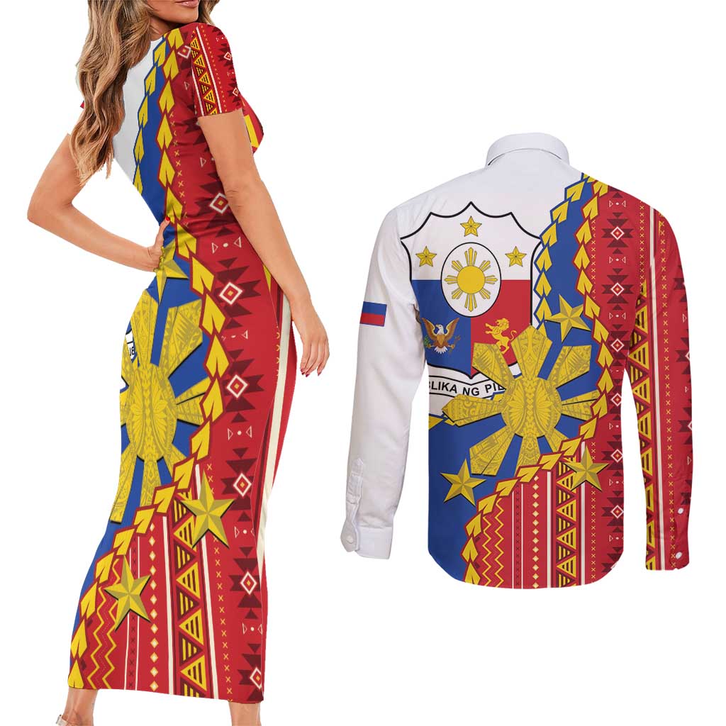 Philippines Independence Day Couples Matching Short Sleeve Bodycon Dress and Long Sleeve Button Shirt Pilipinas Sun Stars Igorot Pattern