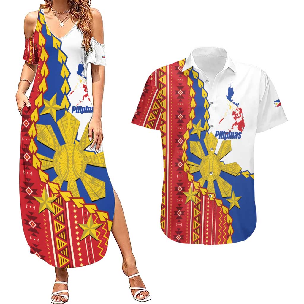 Philippines Independence Day Couples Matching Summer Maxi Dress and Hawaiian Shirt Pilipinas Sun Stars Igorot Pattern