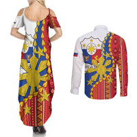 Philippines Independence Day Couples Matching Summer Maxi Dress and Long Sleeve Button Shirt Pilipinas Sun Stars Igorot Pattern