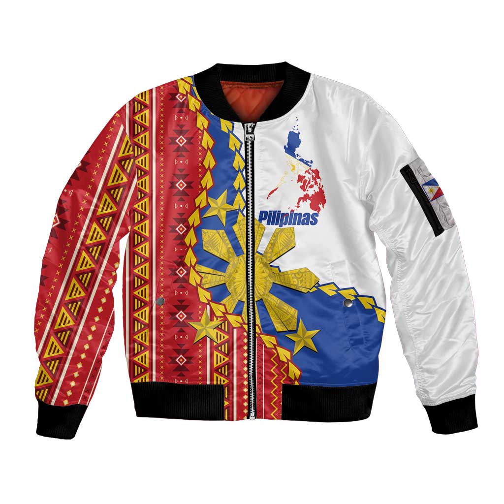 Philippines Independence Day Sleeve Zip Bomber Jacket Pilipinas Sun Stars Igorot Pattern