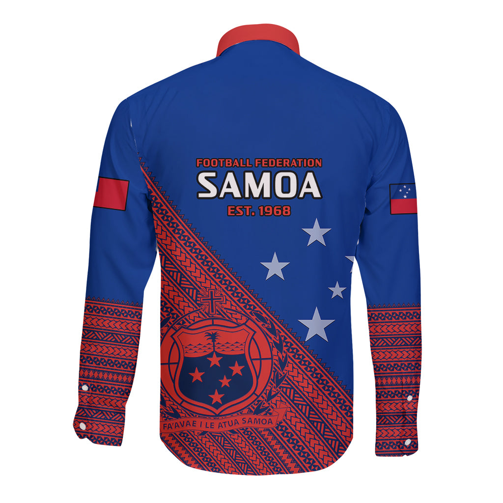 Samoa Football Long Sleeve Button Shirt Samoan Coat Of Arm Polynesian Sporty Style - Wonder Print Shop