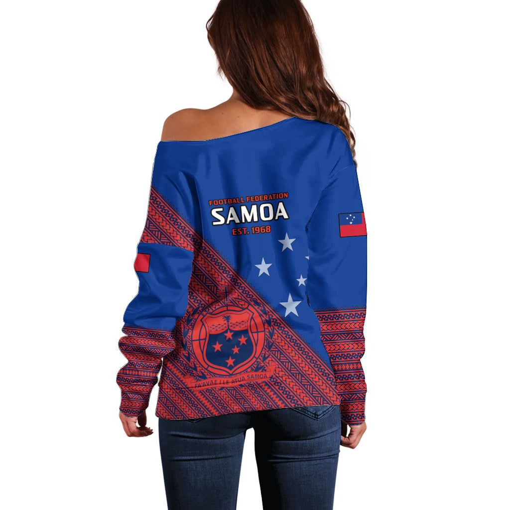 Samoa Football Off Shoulder Sweater Samoan Coat Of Arm Polynesian Sporty Style - Wonder Print Shop