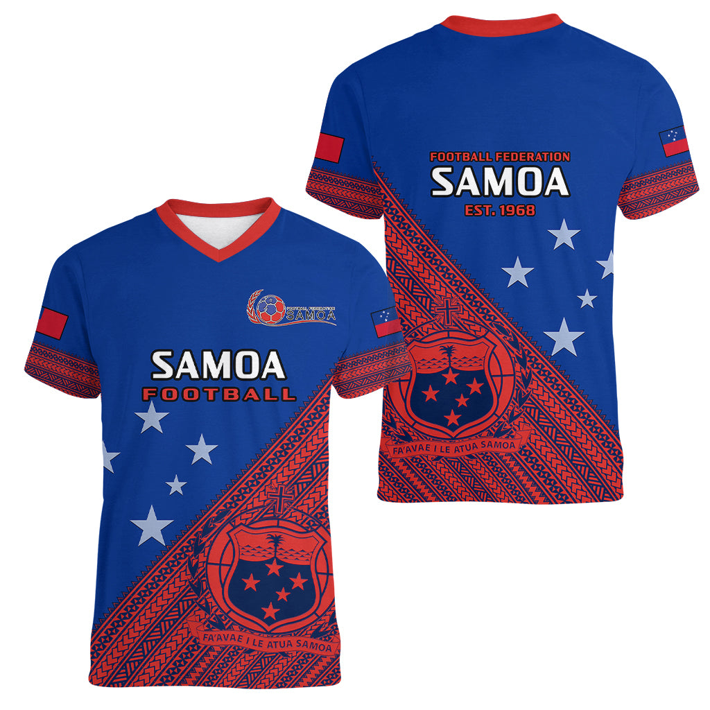 Samoa Football Women V Neck T Shirt Samoan Coat Of Arm Polynesian Sporty Style - Wonder Print Shop
