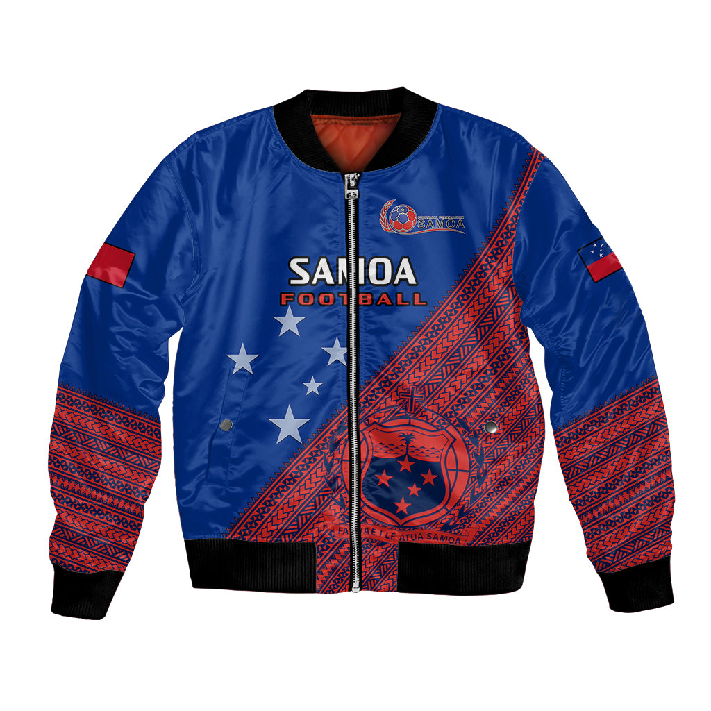 Personalised Samoa Football Bomber Jacket Samoan Coat Of Arm Polynesian Sporty Style - Wonder Print Shop