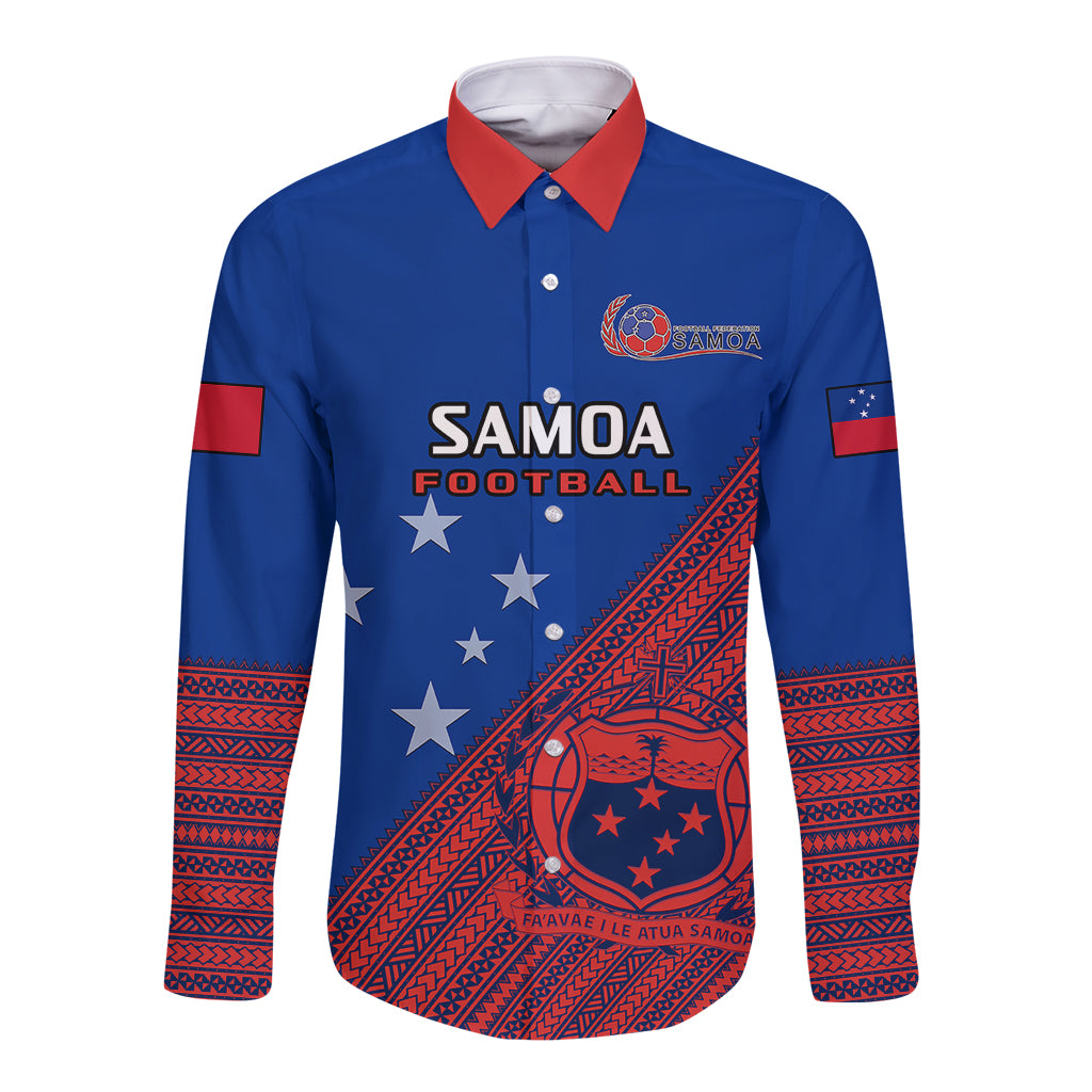 Personalised Samoa Football Long Sleeve Button Shirt Samoan Coat Of Arm Polynesian Sporty Style - Wonder Print Shop