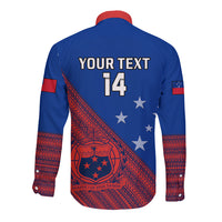 Personalised Samoa Football Long Sleeve Button Shirt Samoan Coat Of Arm Polynesian Sporty Style - Wonder Print Shop