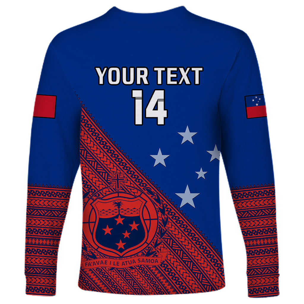 Personalised Samoa Football Long Sleeve Shirt Samoan Coat Of Arm Polynesian Sporty Style - Wonder Print Shop