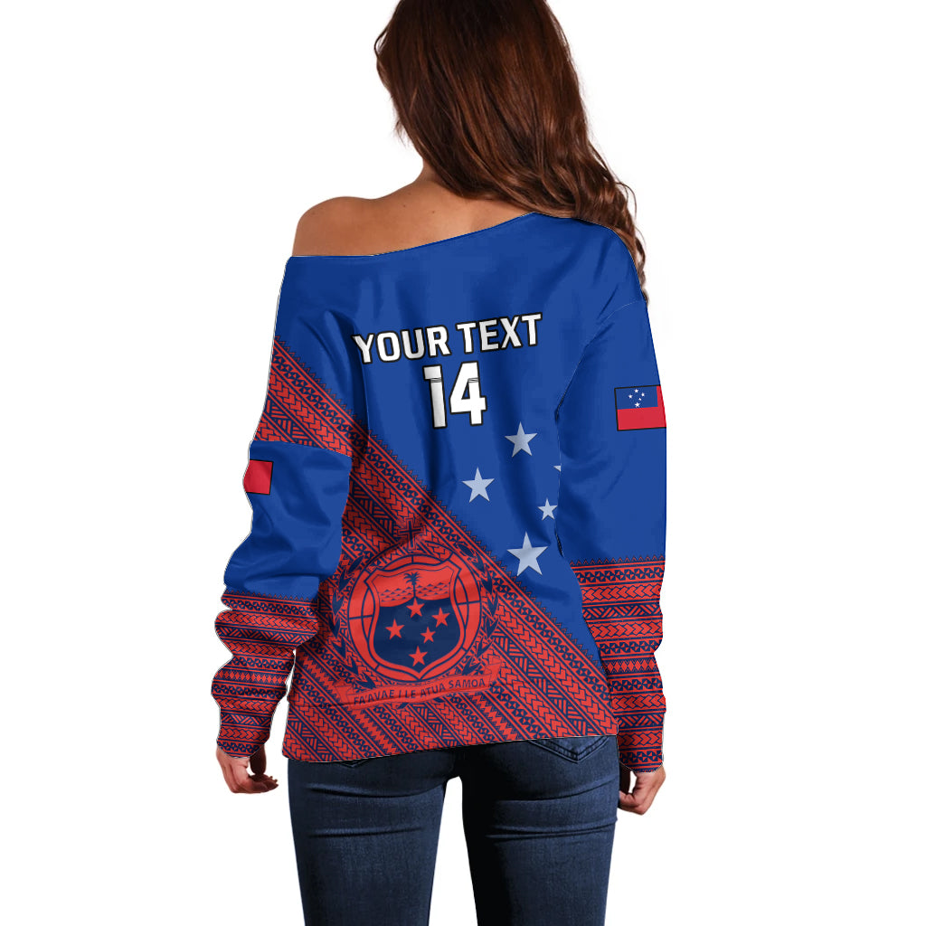 Personalised Samoa Football Off Shoulder Sweater Samoan Coat Of Arm Polynesian Sporty Style - Wonder Print Shop
