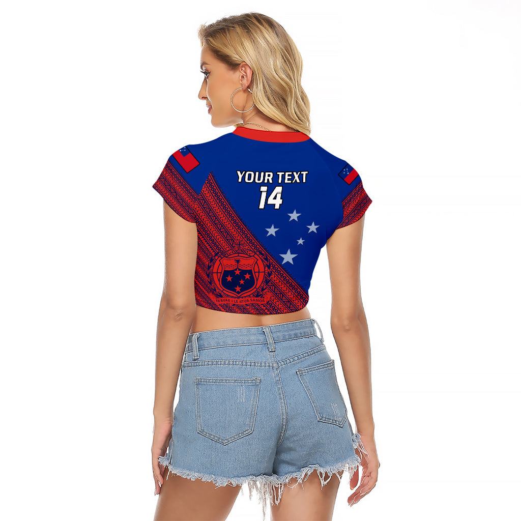 Personalised Samoa Football Raglan Cropped T Shirt Samoan Coat Of Arm Polynesian Sporty Style - Wonder Print Shop