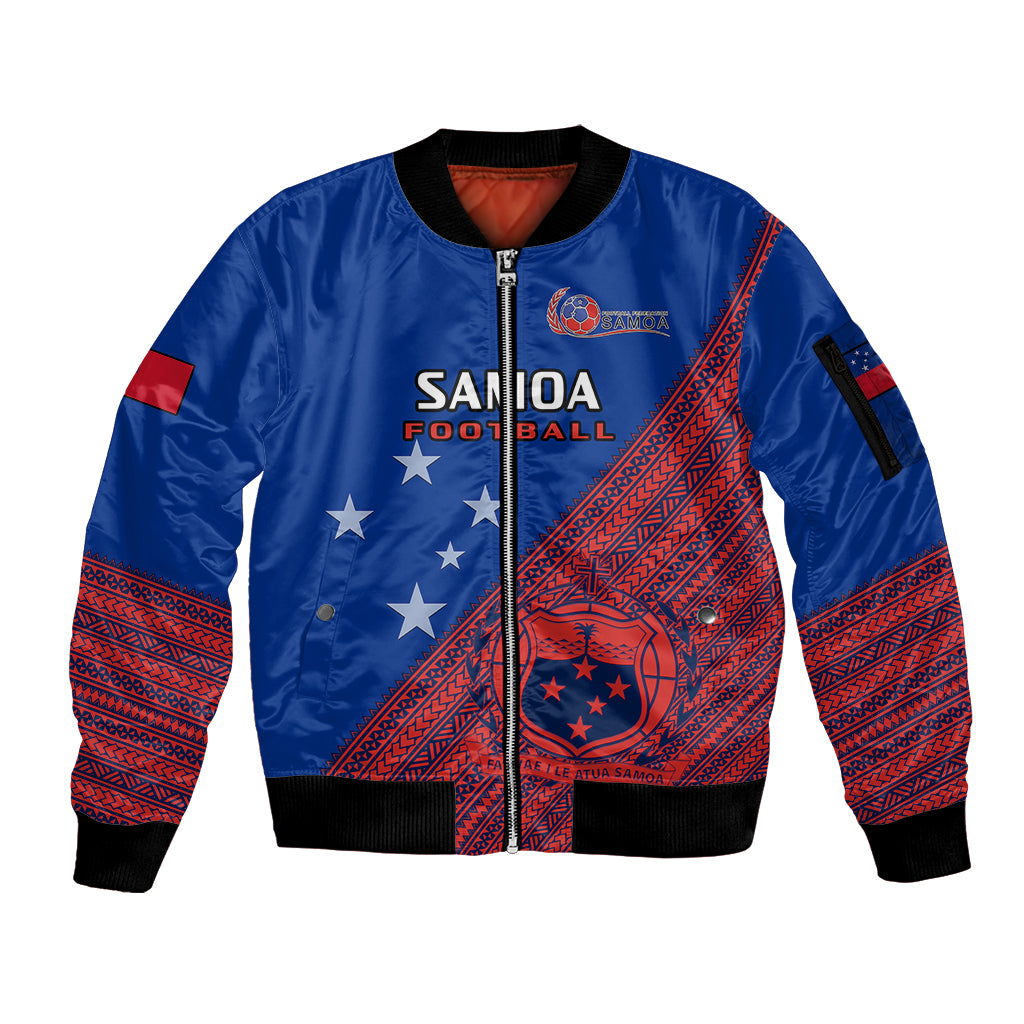 Personalised Samoa Football Sleeve Zip Bomber Jacket Samoan Coat Of Arm Polynesian Sporty Style - Wonder Print Shop