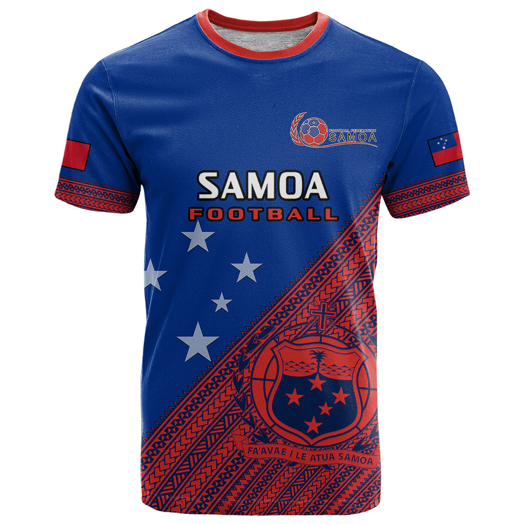 Personalised Samoa Football T Shirt Samoan Coat Of Arm Polynesian Sporty Style - Wonder Print Shop