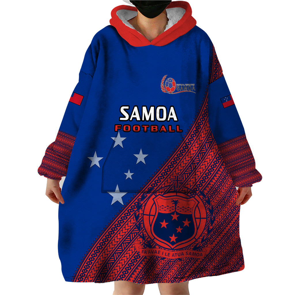 Personalised Samoa Football Wearable Blanket Hoodie Samoan Coat Of Arm Polynesian Sporty Style - Wonder Print Shop