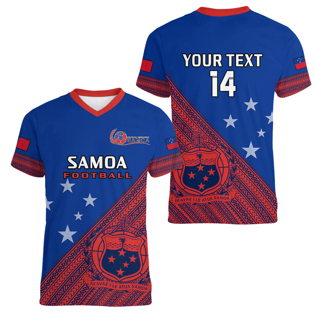 Personalised Samoa Football Women V Neck T Shirt Samoan Coat Of Arm Polynesian Sporty Style - Wonder Print Shop