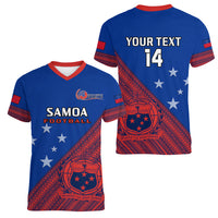 Personalised Samoa Football Women V Neck T Shirt Samoan Coat Of Arm Polynesian Sporty Style - Wonder Print Shop