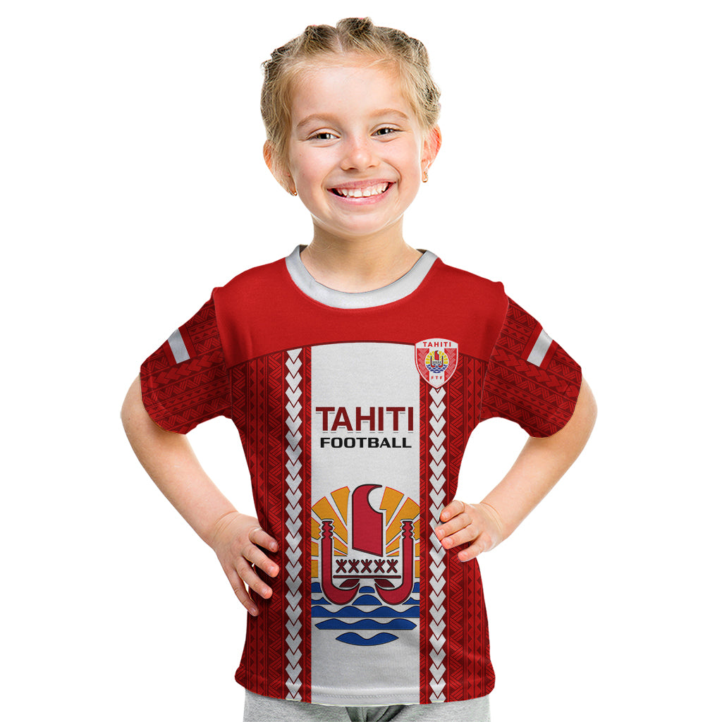 Personalised Tahitian Football Kid T Shirt Tahiti Coat Of Arm Polynesian Sporty Style - Wonder Print Shop