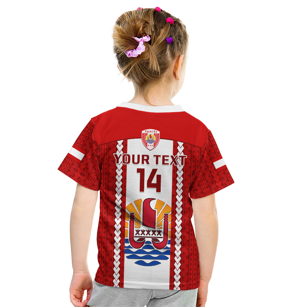 Personalised Tahitian Football Kid T Shirt Tahiti Coat Of Arm Polynesian Sporty Style - Wonder Print Shop