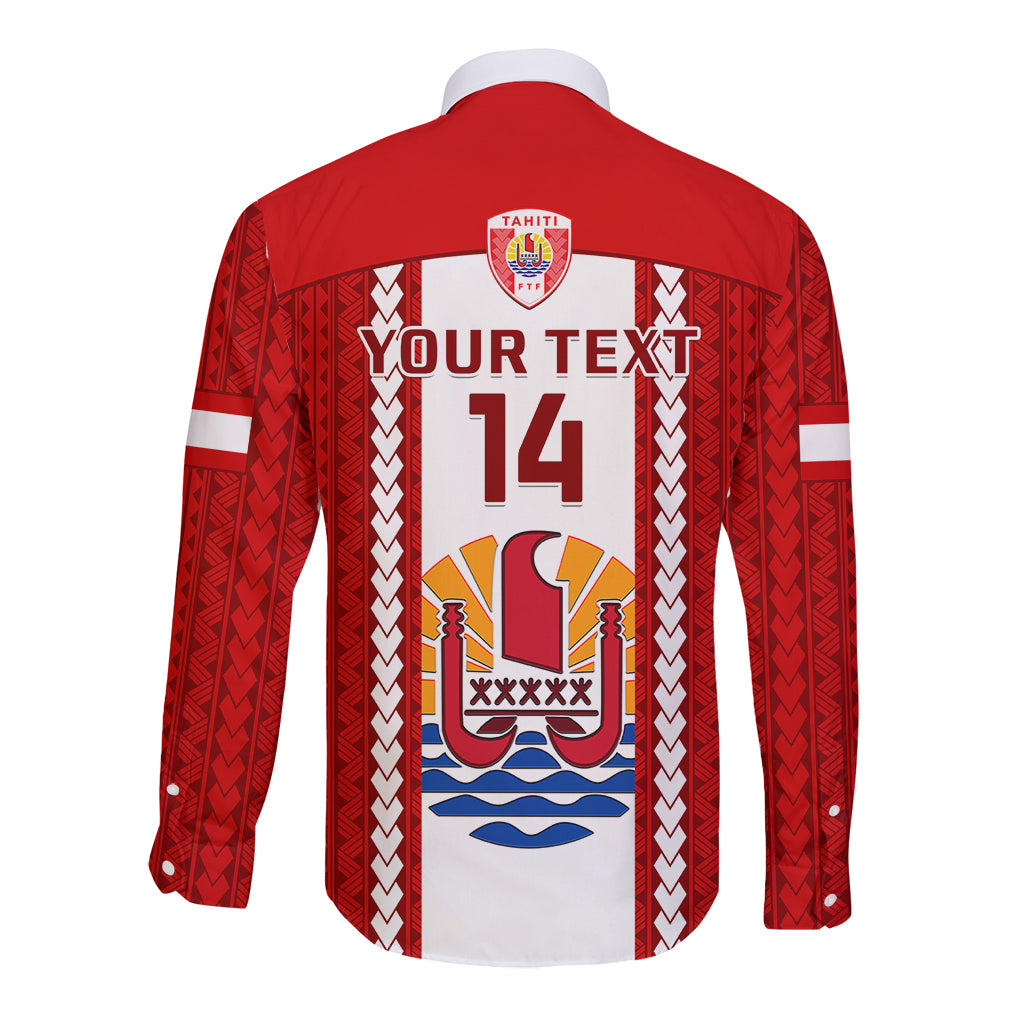 Personalised Tahitian Football Long Sleeve Button Shirt Tahiti Coat Of Arm Polynesian Sporty Style - Wonder Print Shop