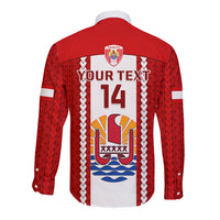 Personalised Tahitian Football Long Sleeve Button Shirt Tahiti Coat Of Arm Polynesian Sporty Style - Wonder Print Shop