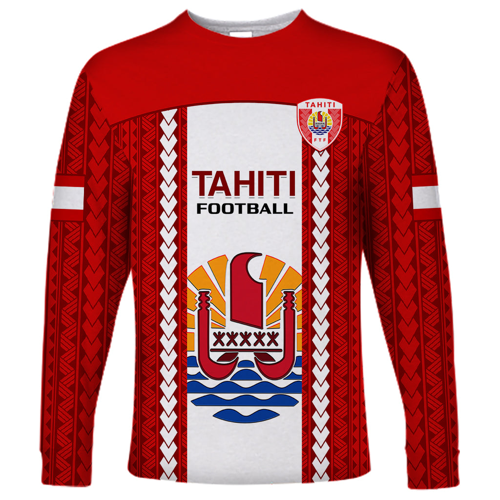 Personalised Tahitian Football Long Sleeve Shirt Tahiti Coat Of Arm Polynesian Sporty Style - Wonder Print Shop