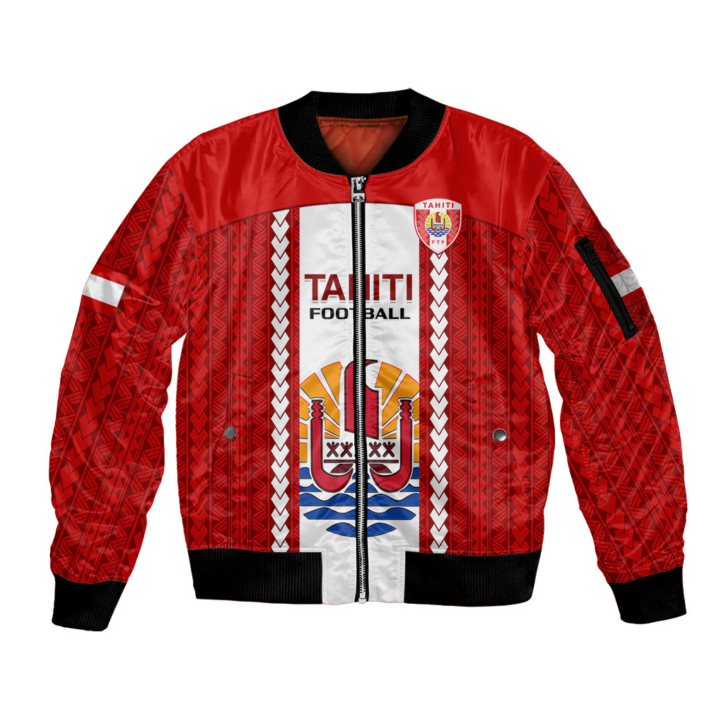 Personalised Tahitian Football Sleeve Zip Bomber Jacket Tahiti Coat Of Arm Polynesian Sporty Style - Wonder Print Shop