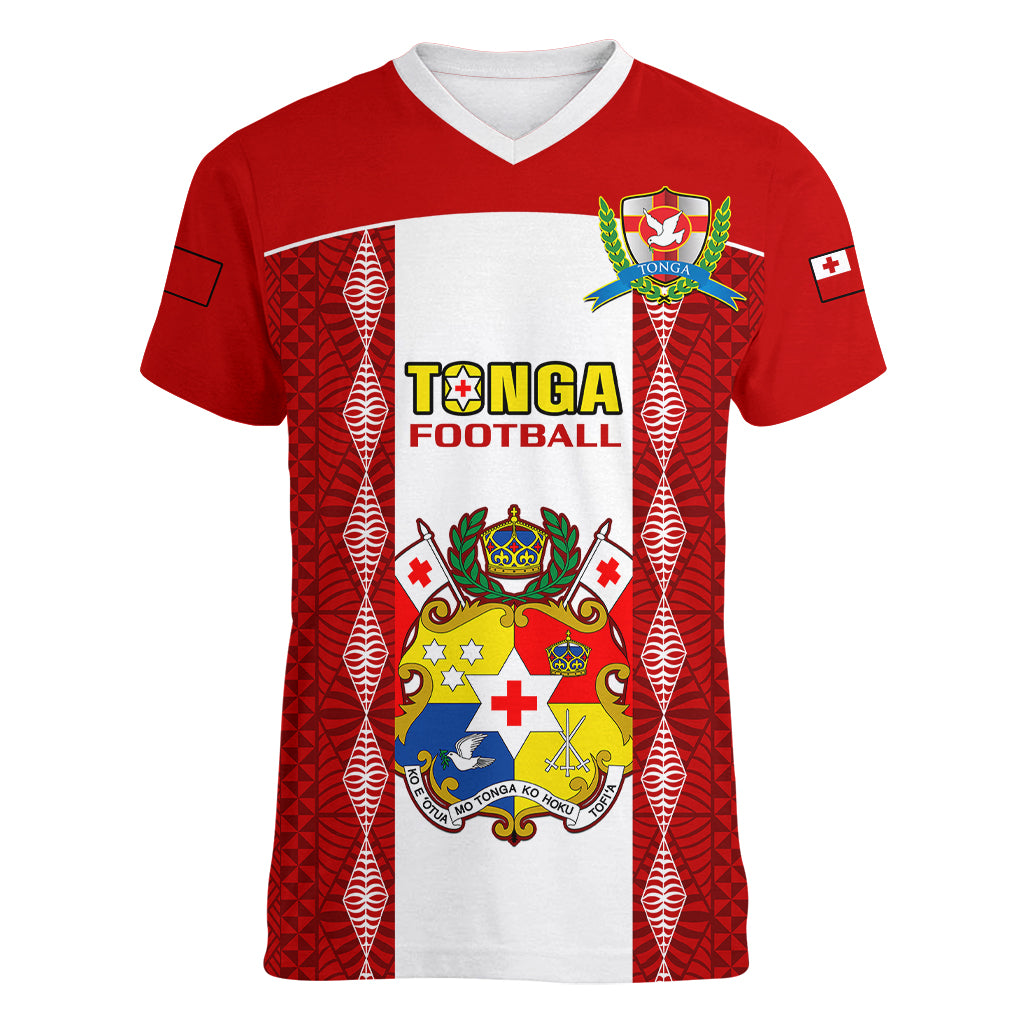 Personalised Tonga Football Women V Neck T Shirt Tongan Ngatu Pattern Sporty Style - Wonder Print Shop
