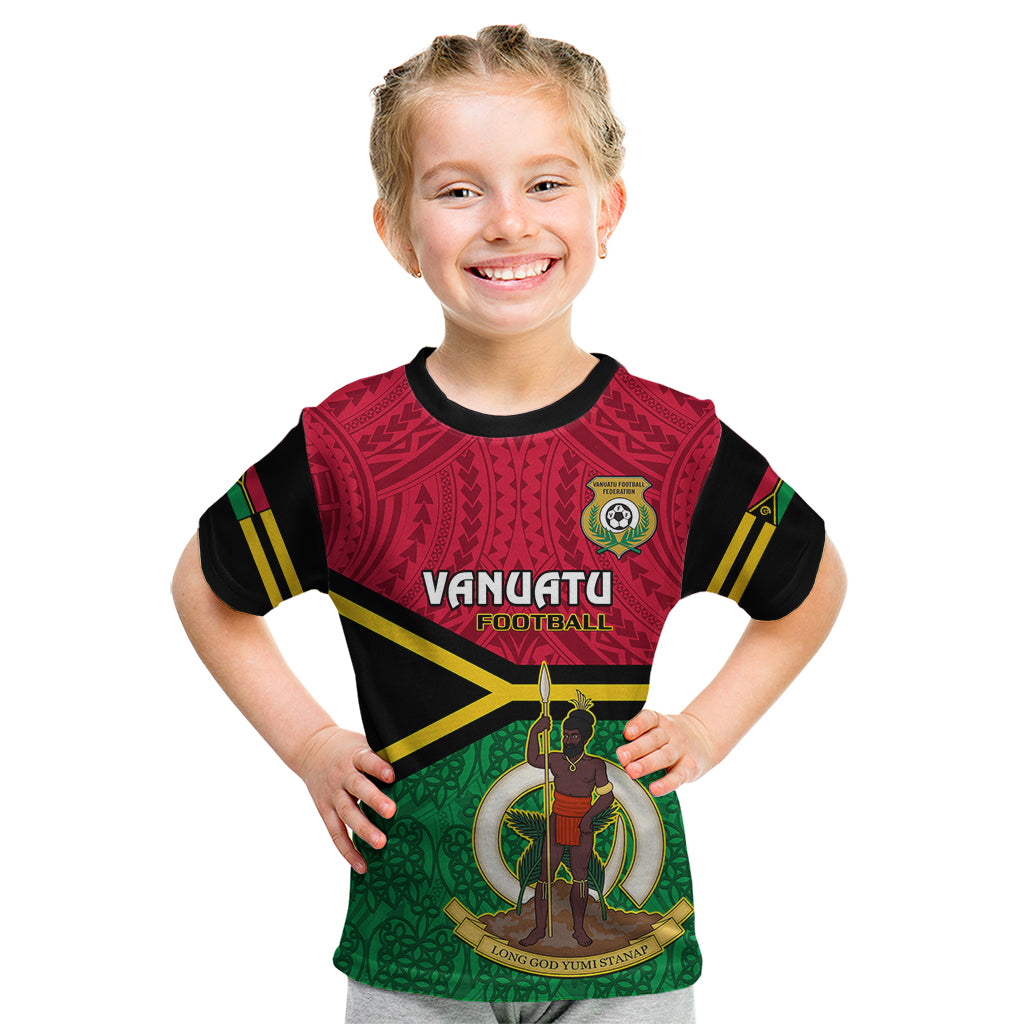 Vanuatu Football Kid T Shirt Vanuatuan Coat Of Arm Polynesian Flag Style - Wonder Print Shop