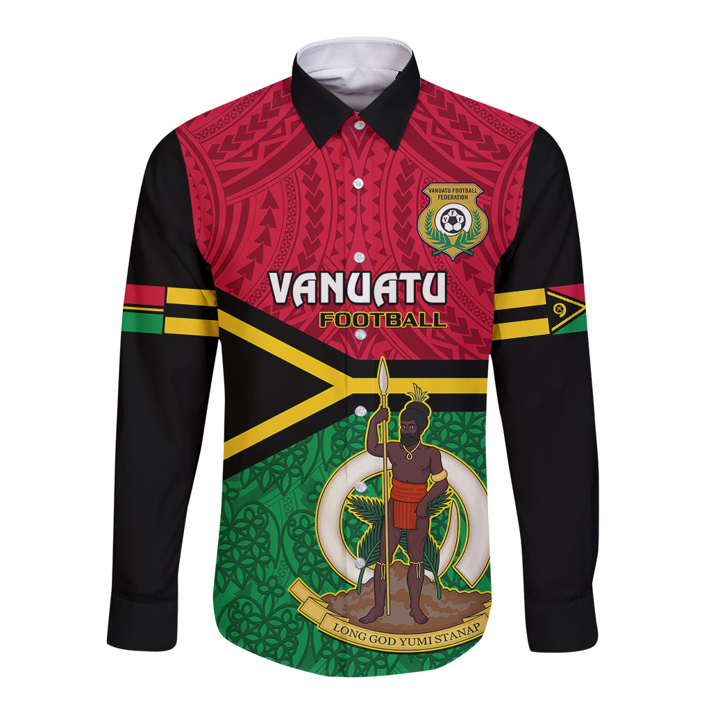 Vanuatu Football Long Sleeve Button Shirt Vanuatuan Coat Of Arm Polynesian Flag Style - Wonder Print Shop