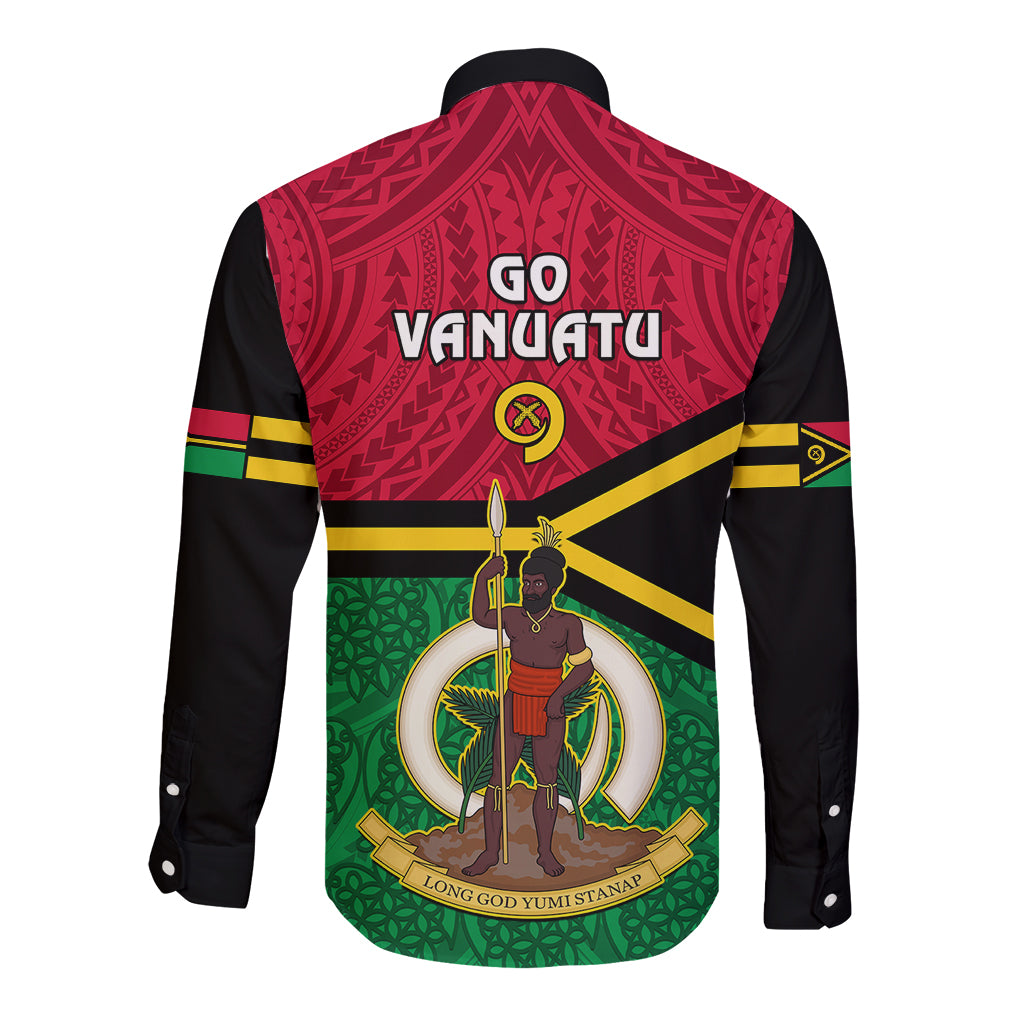 Vanuatu Football Long Sleeve Button Shirt Vanuatuan Coat Of Arm Polynesian Flag Style - Wonder Print Shop