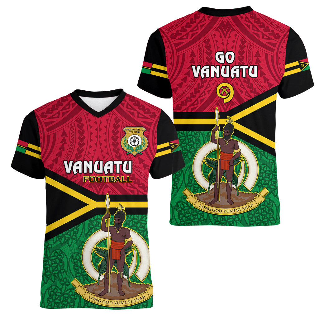 Vanuatu Football Women V Neck T Shirt Vanuatuan Coat Of Arm Polynesian Flag Style - Wonder Print Shop
