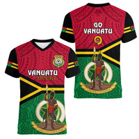 Vanuatu Football Women V Neck T Shirt Vanuatuan Coat Of Arm Polynesian Flag Style - Wonder Print Shop