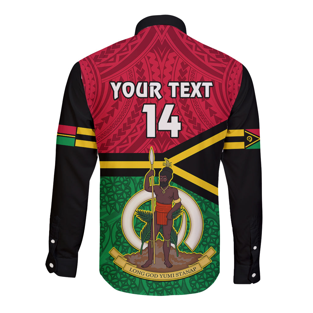 Personalised Vanuatu Football Long Sleeve Button Shirt Vanuatuan Coat Of Arm Polynesian Flag Style - Wonder Print Shop