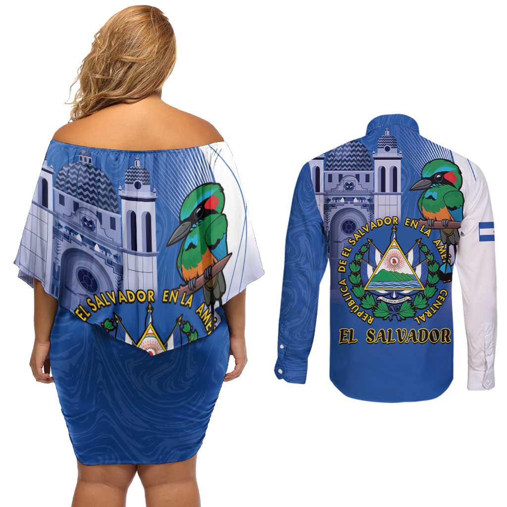 El Salvador Independence Day Couples Matching Off Shoulder Short Dress and Long Sleeve Button Shirt 203rd Anniversary Torogoz Bird - Wonder Print Shop