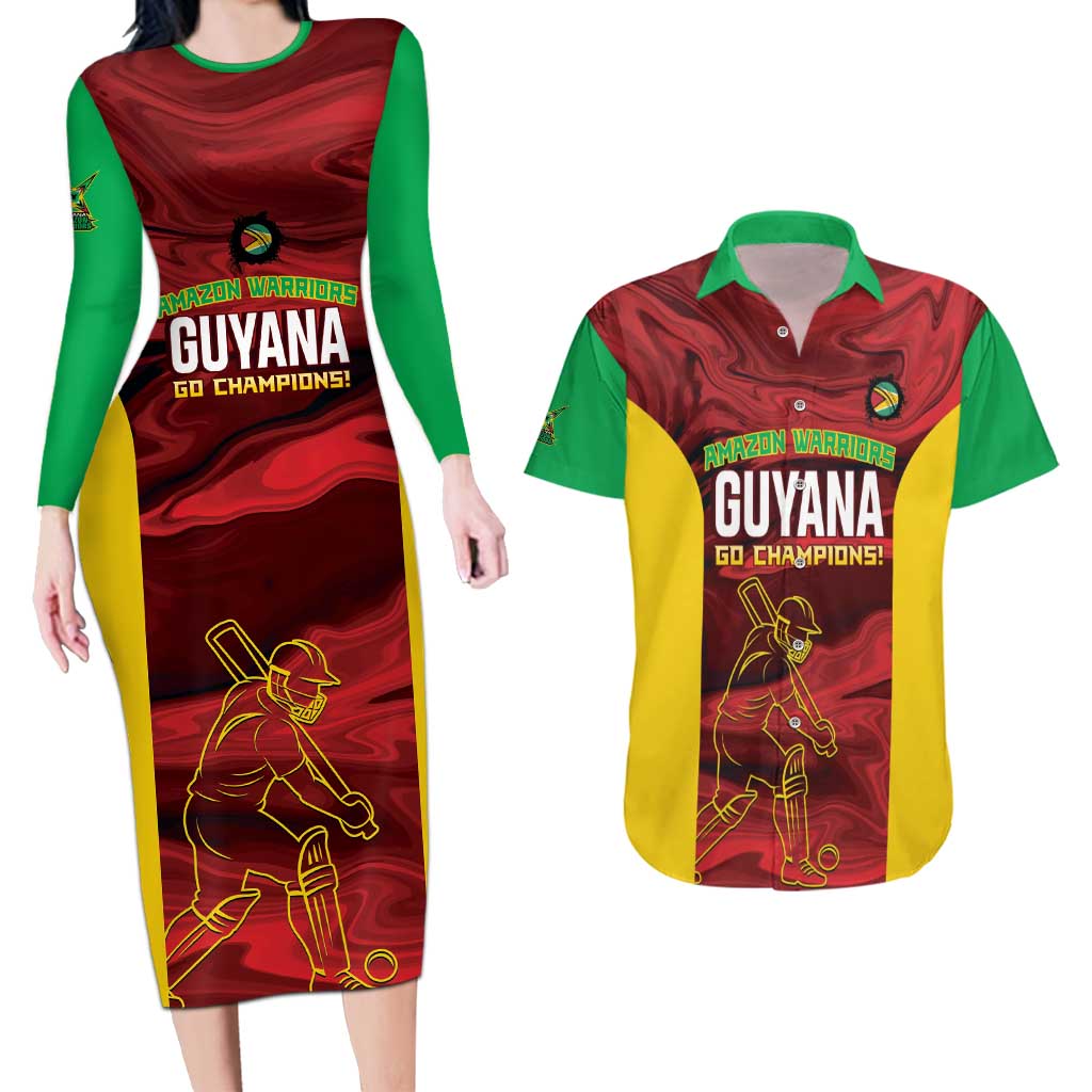 Custom Guyana Cricket Couples Matching Long Sleeve Bodycon Dress and Hawaiian Shirt Go Amazon Warriors Marble Pattern - Wonder Print Shop
