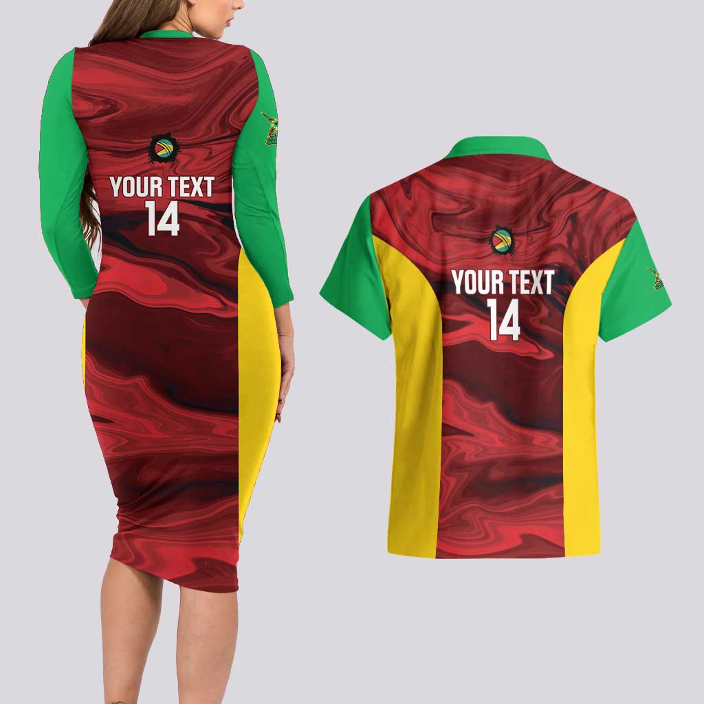 Custom Guyana Cricket Couples Matching Long Sleeve Bodycon Dress and Hawaiian Shirt Go Amazon Warriors Marble Pattern - Wonder Print Shop