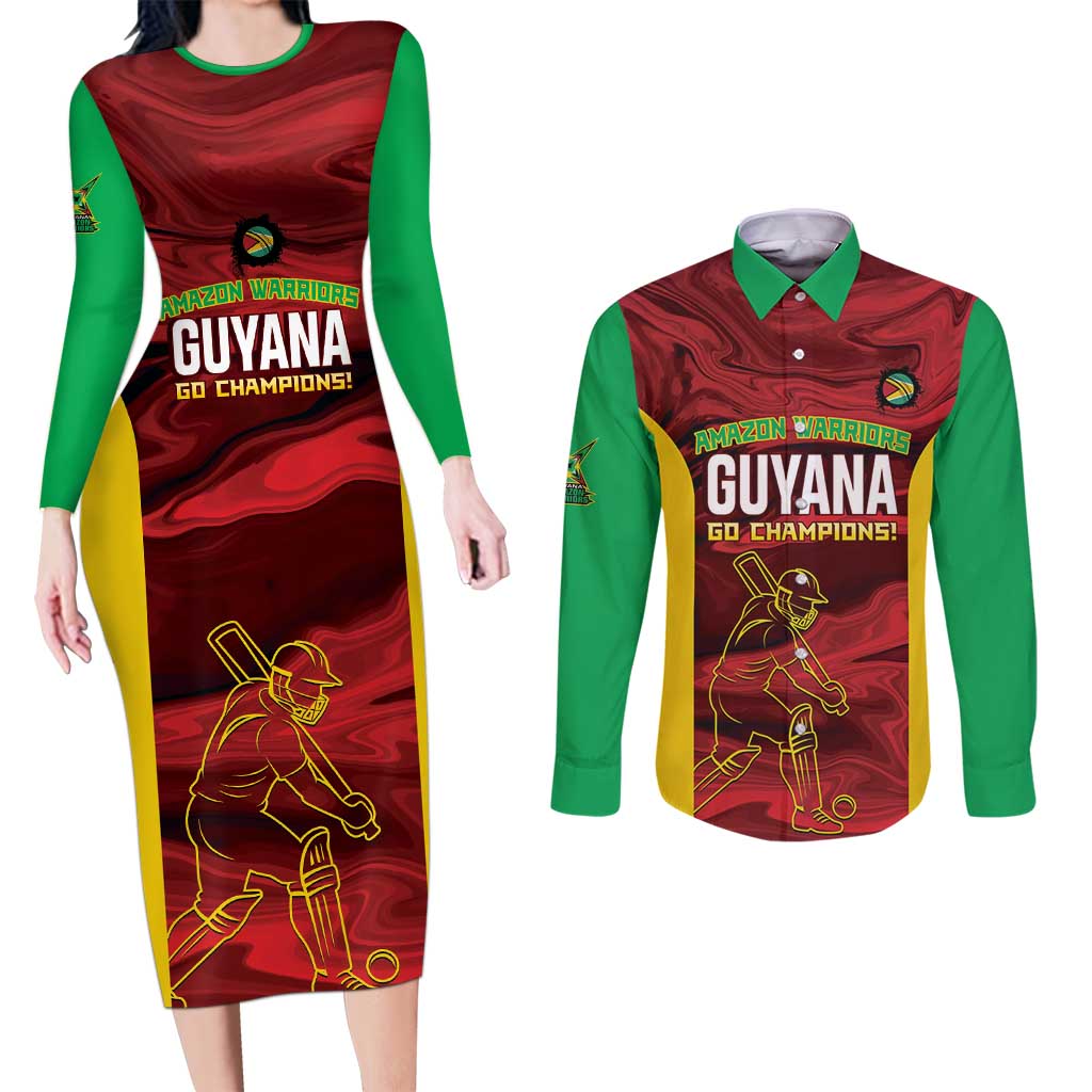 Custom Guyana Cricket Couples Matching Long Sleeve Bodycon Dress and Long Sleeve Button Shirt Go Amazon Warriors Marble Pattern - Wonder Print Shop
