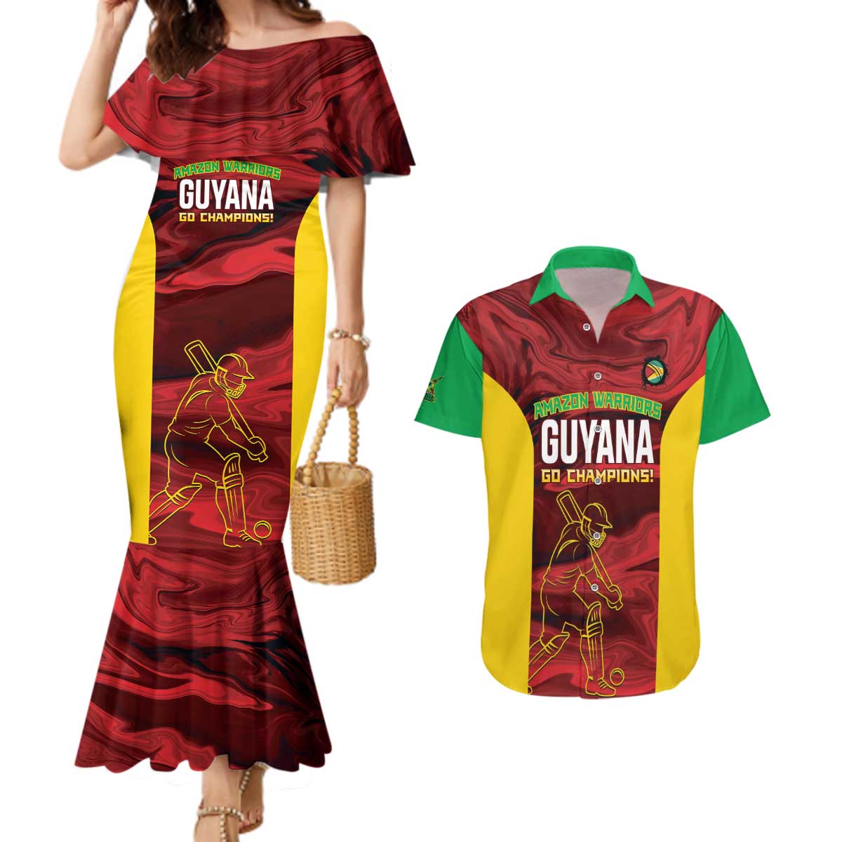Custom Guyana Cricket Couples Matching Mermaid Dress and Hawaiian Shirt Go Amazon Warriors Marble Pattern - Wonder Print Shop